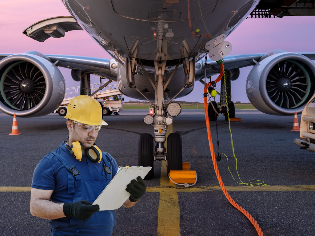Person standing close to a jet engine with a clipboard
